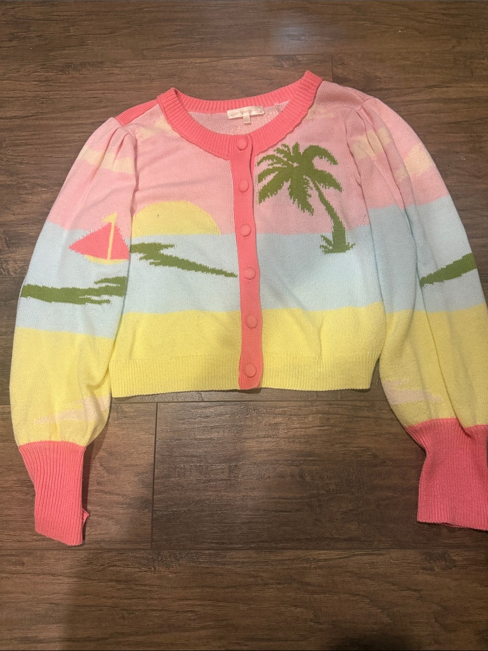 Loveshackfancy Pastel Sunset Palm Cropped Cardigan Sweater - Pink Size XL - Picture 2 of 4
